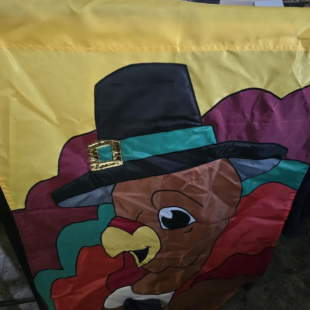 Vtg 1999 Thanksgiving Pilgrim Turkey  Garden Flag 2 Sided 42